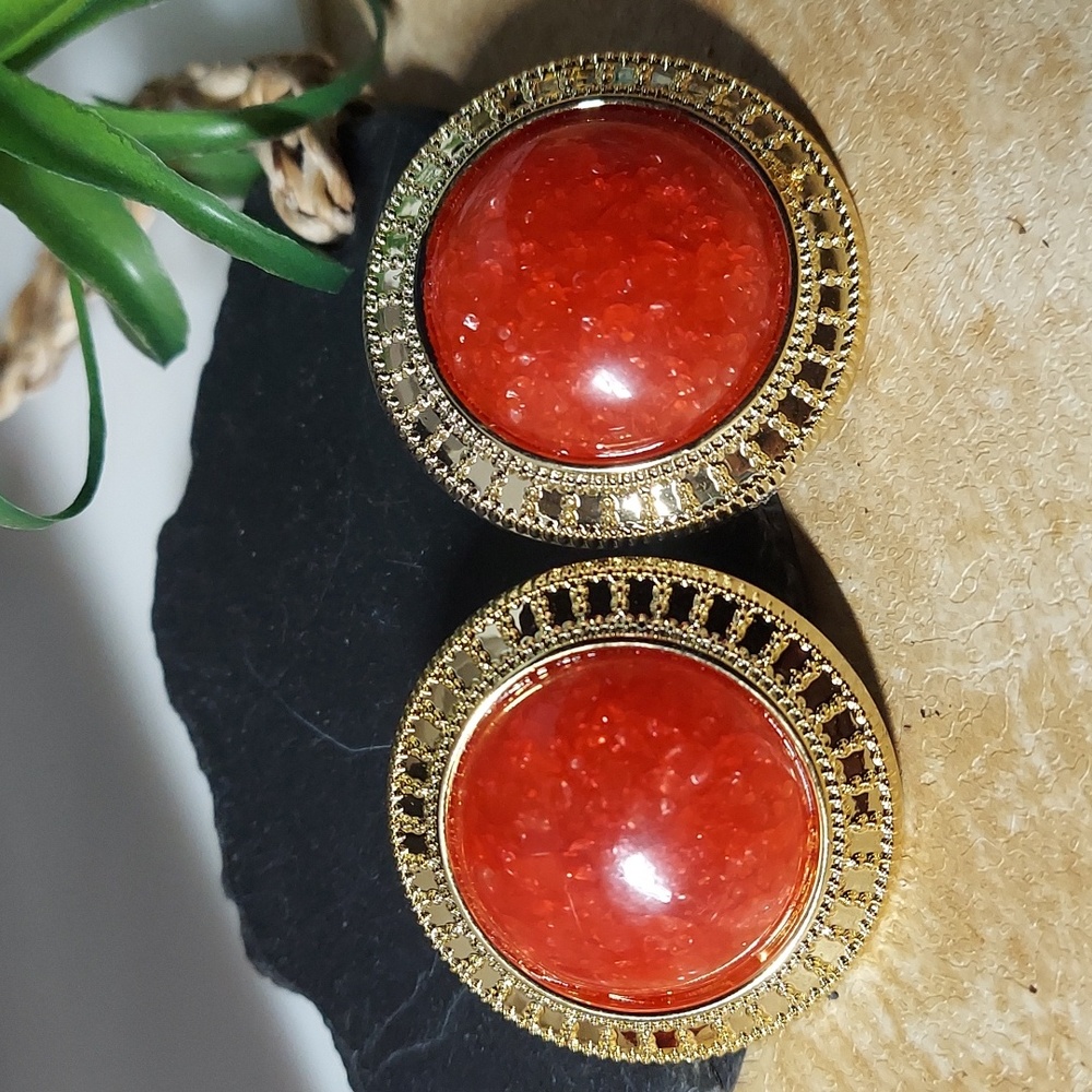 E276 Red Gold Chunky Sparkle Post Back Statement Earrings